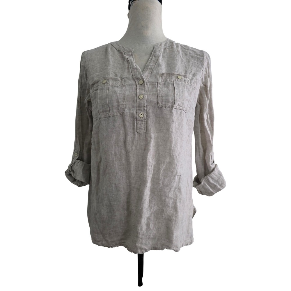 Talbots Mens Small Oatmeal Beige 100% Linen Long Sleeve Roll Tab Tunic Shirt